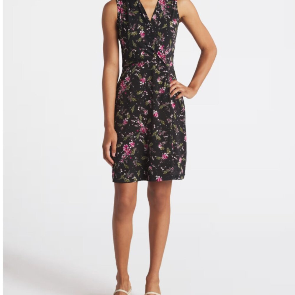 Kaileigh Black Floral Sleeveless Faux Wrap Dress Office Formal Chic Large